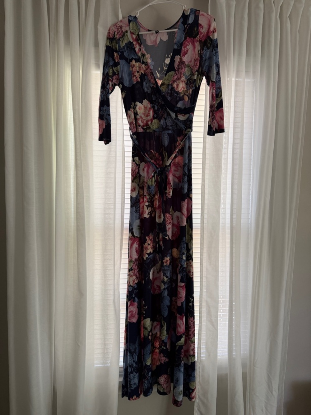 Floral Navy Wrap Maxi Dress with Pink and Blue Blooms
